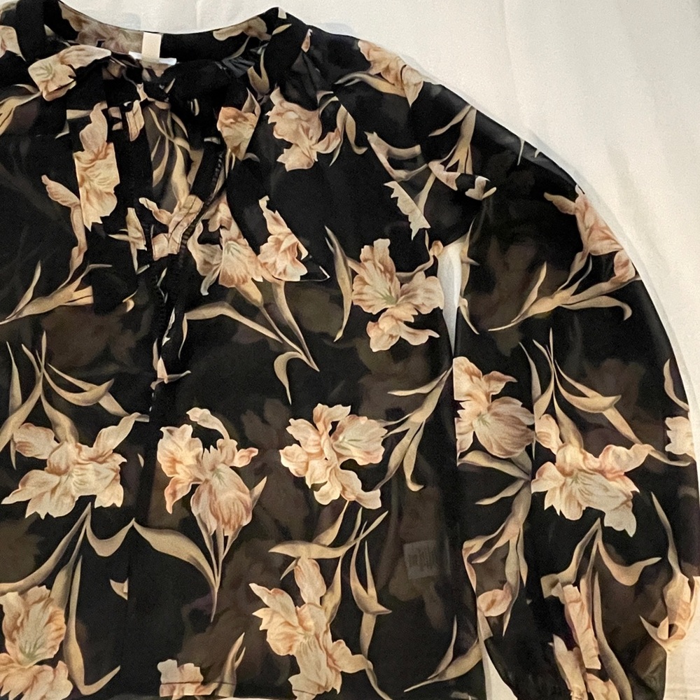 Sheer black floral blouse with tie.  Balloon sleeves.  Feminine and professional